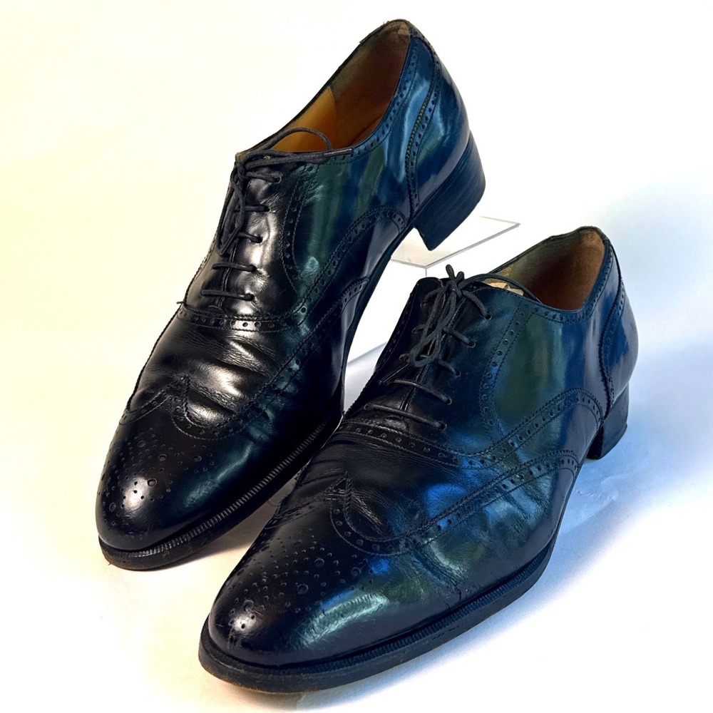 Salvatore Ferragamo Mens Black Leather Wingtip Brogue Oxford Shoes 7416 7.5 EE